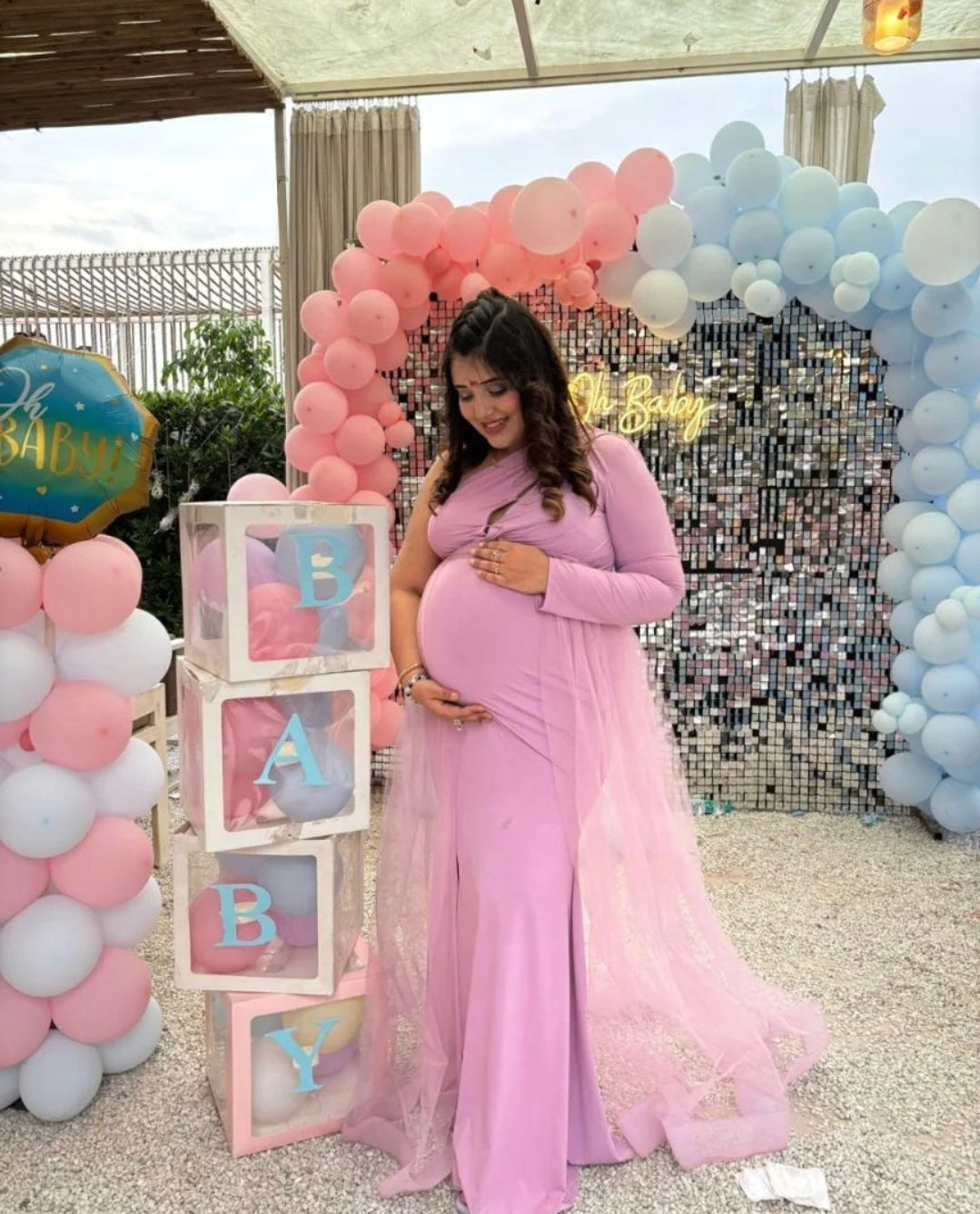 Onion Pink Lycra and Net Maternity Gown