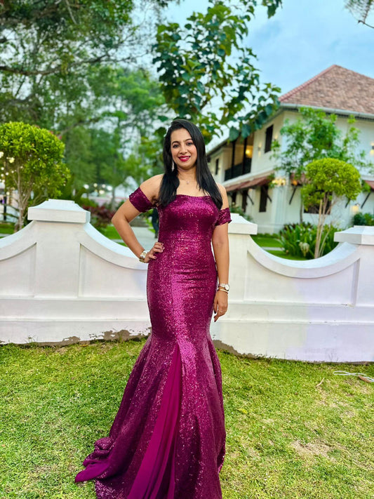 Burgundy Sequins Fishtail Cut Party Wear Gown with Cancan