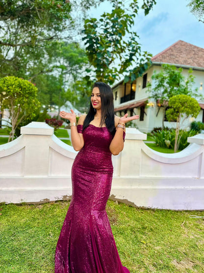 Burgundy Sequins Fishtail Cut Party Wear Gown with Cancan
