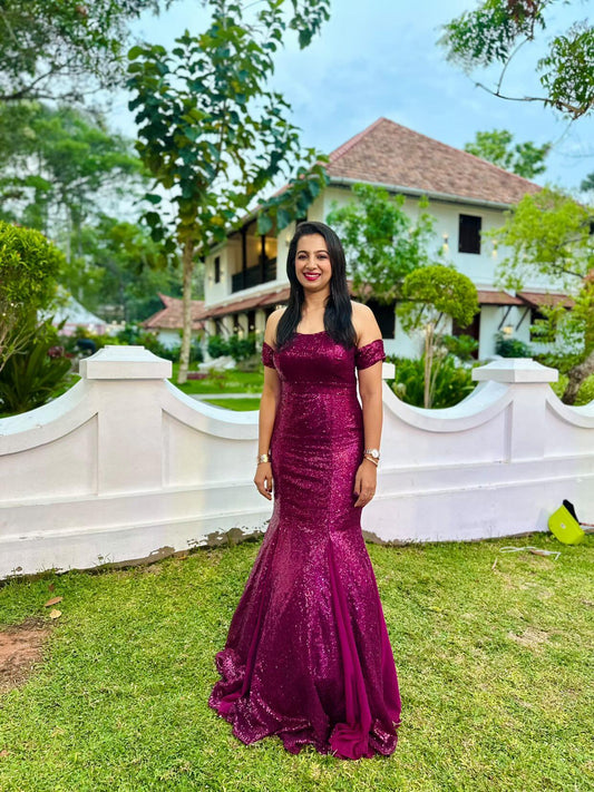 Burgundy Sequins Fishtail Cut Party Wear Gown with Cancan