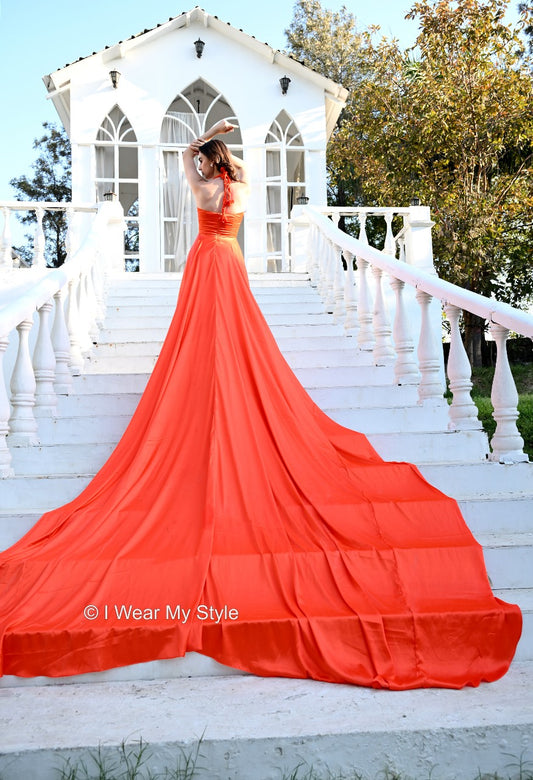 Orange Satin Halter Neck Prewedding Trail Dress