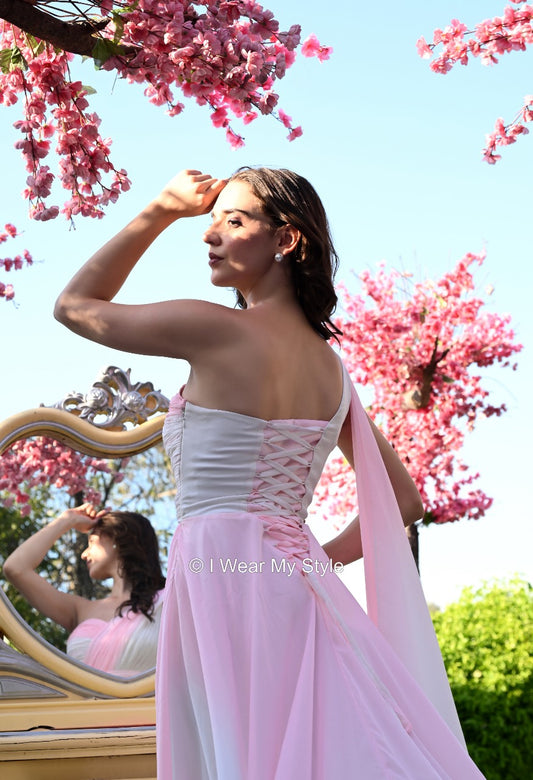 White and Pink Cherry Blossom Prewedding Trail Gown