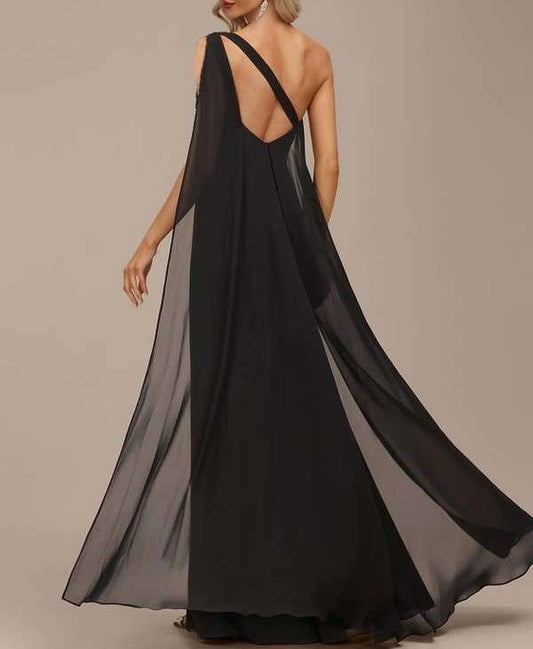 Black One-Shoulder Floor-Length Evening Dress with shoulder trail