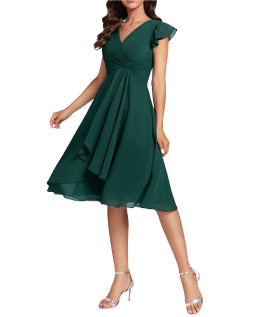 Bottle Green Drape V-Neck Midi Dress