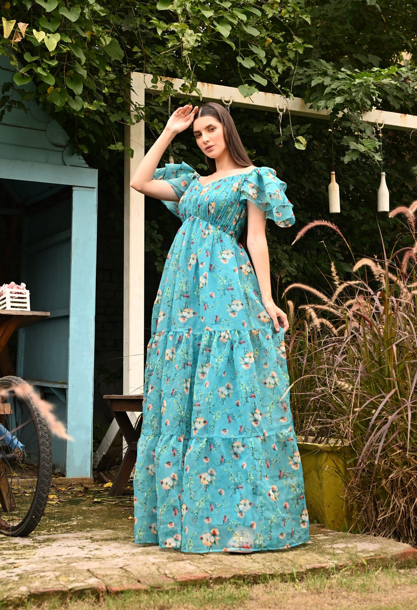 Elope Floral Organza Ruffled Sleeved Dress