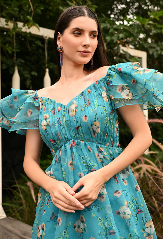 Elope Floral Organza Ruffled Sleeved Dress