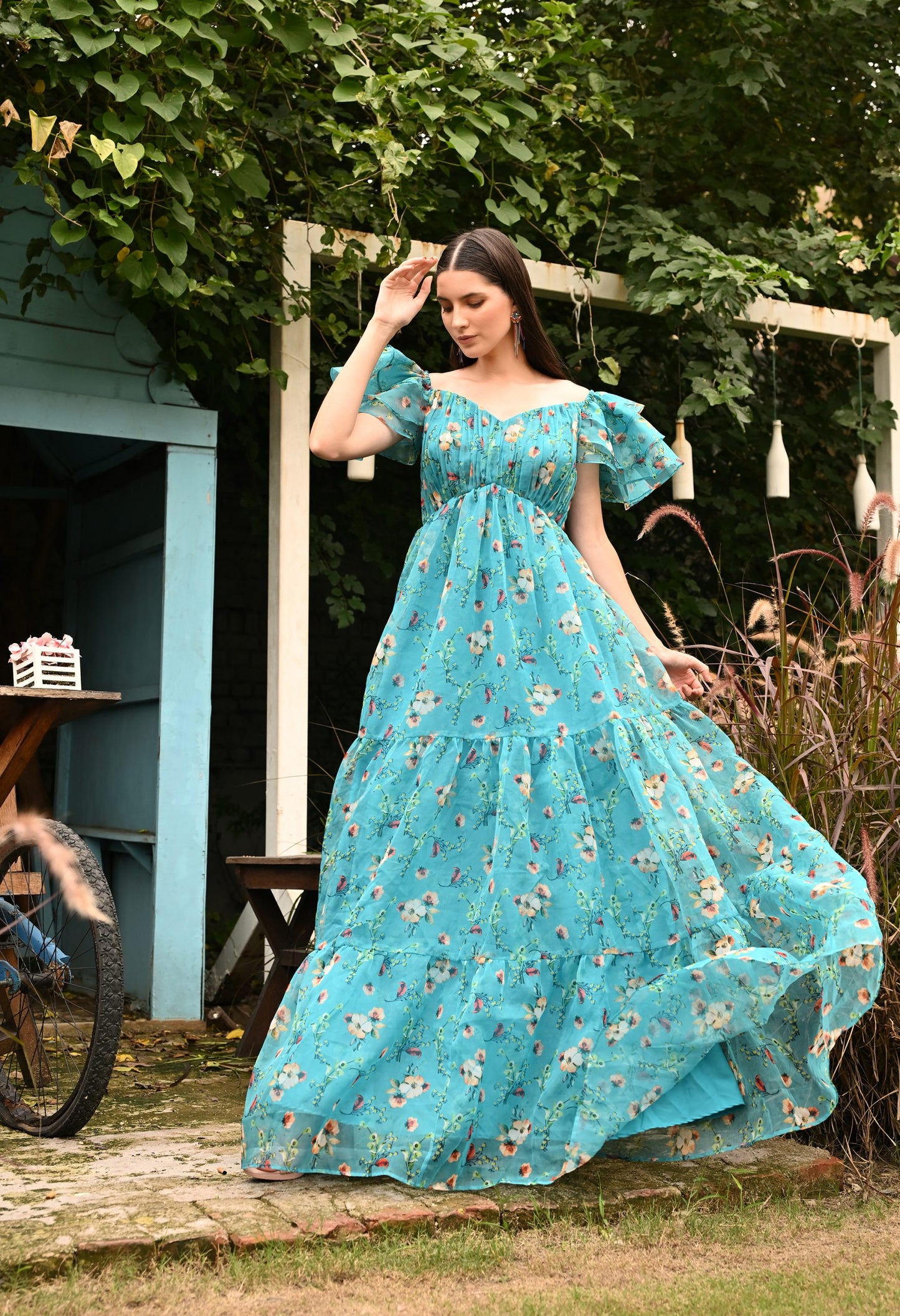 Elope Floral Organza Ruffled Sleeved Dress