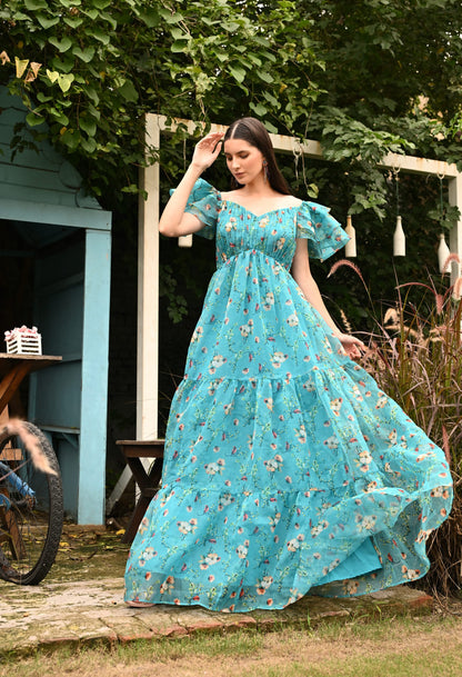 Elope Floral Organza Ruffled Sleeved Dress