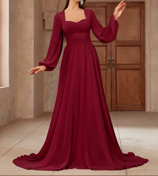 Maroon Sweetheart Neck Full Sleeves Maxi Dress for all Occasions