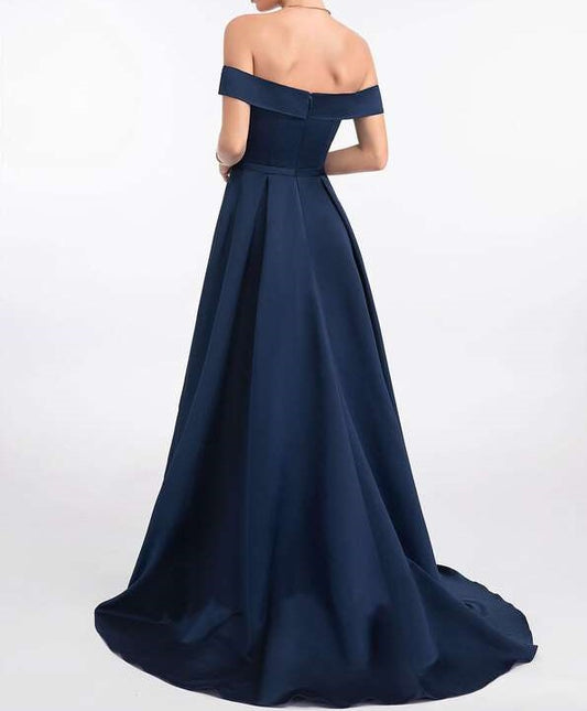 Navy Blue Off-the-Shoulder Satin Asymmetrical Dress