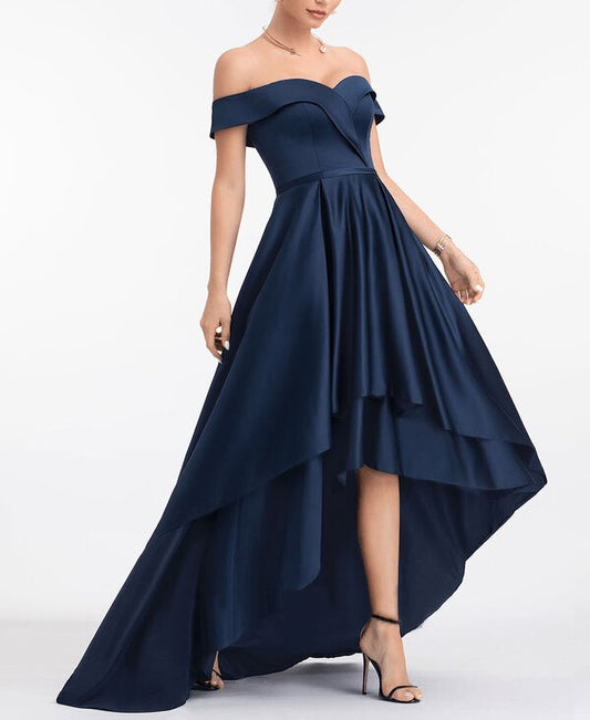 Navy Blue Off-the-Shoulder Satin Asymmetrical Dress