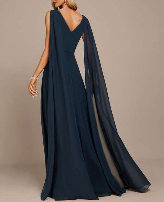 Dark Navy A-Line Floor-Length with cape sleeves