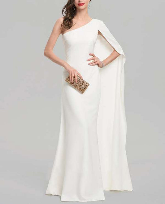 White Lycra and Georgette Shoulder Trail Occasion Wear Gown