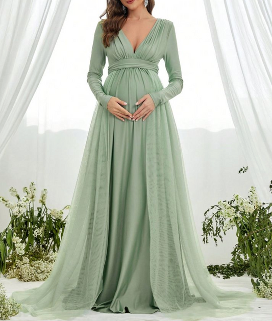 Mint Green Lycra and Net Maternity Baby Shower Dress