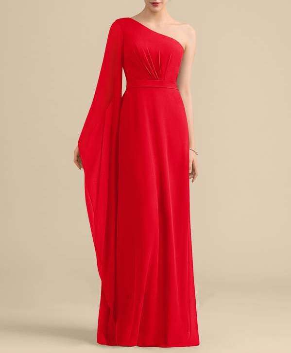 One-Shoulder Red One Sleeve Maxi Dress