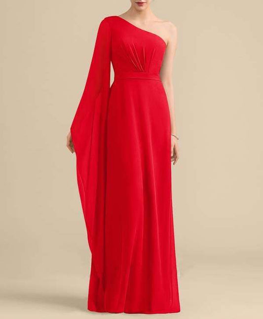 One-Shoulder Red One Sleeve Maxi Dress