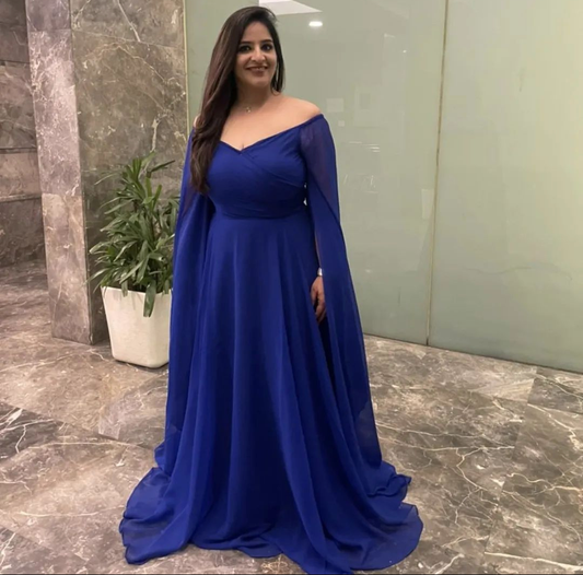 Royal Blue Cape Sleeves Floor Length Off Shoulder Dress