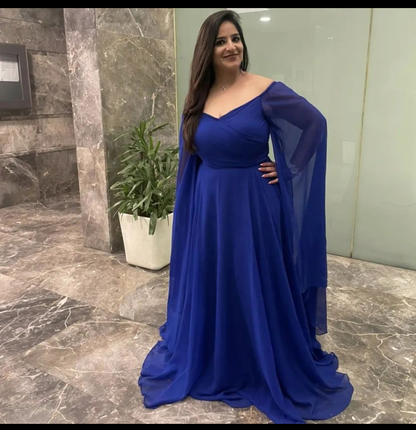Royal Blue Cape Sleeves Floor Length Off Shoulder Dress