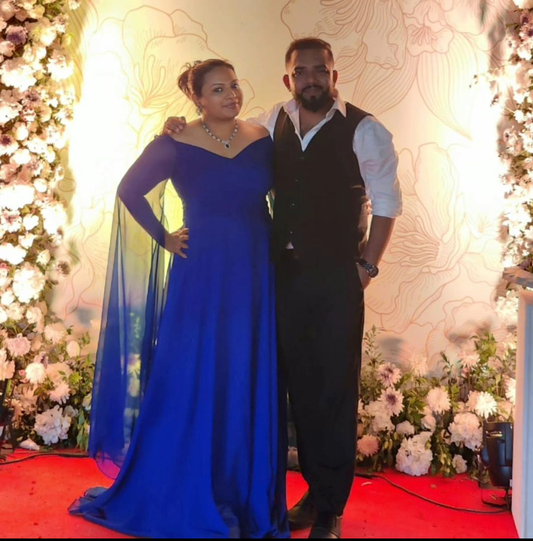 Royal Blue Cape Sleeves Floor Length Off Shoulder Dress