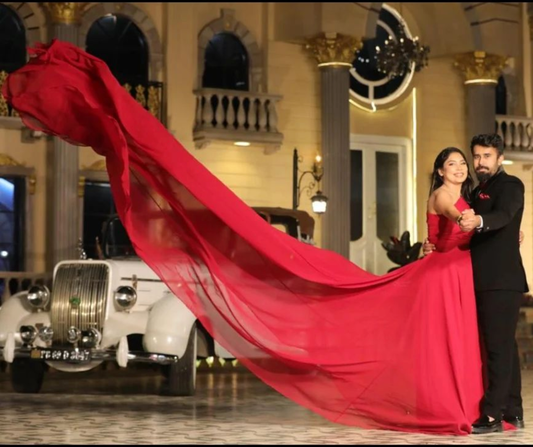 Cherry Red Prewedding One Shoulder Mega Trail Gown