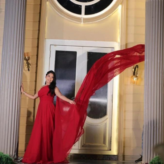 Cherry Red Prewedding One Shoulder Mega Trail Gown