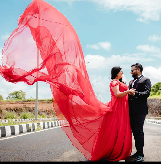 Red Prewedding Cold Shoulder Double Draped Mega Trail Gown