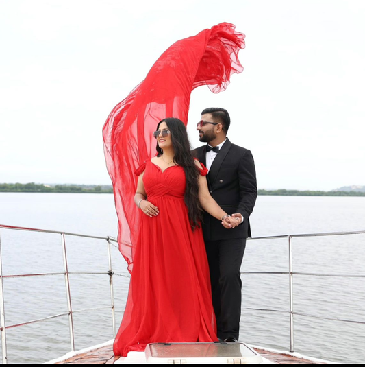 Red Prewedding Cold Shoulder Double Draped Mega Trail Gown