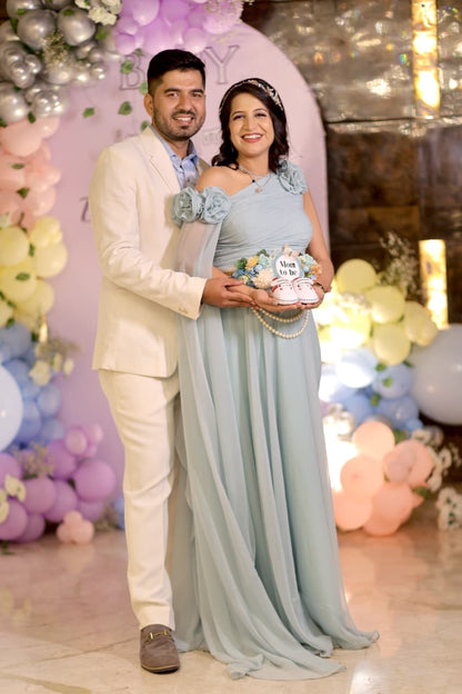 Pista Green All Occasion Flowered Dress with shoulder trail