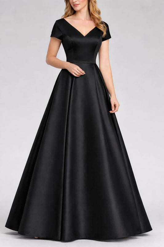 Black Satin V Neck Ballgown with Cup Sleeves (IWMS Exclusive)