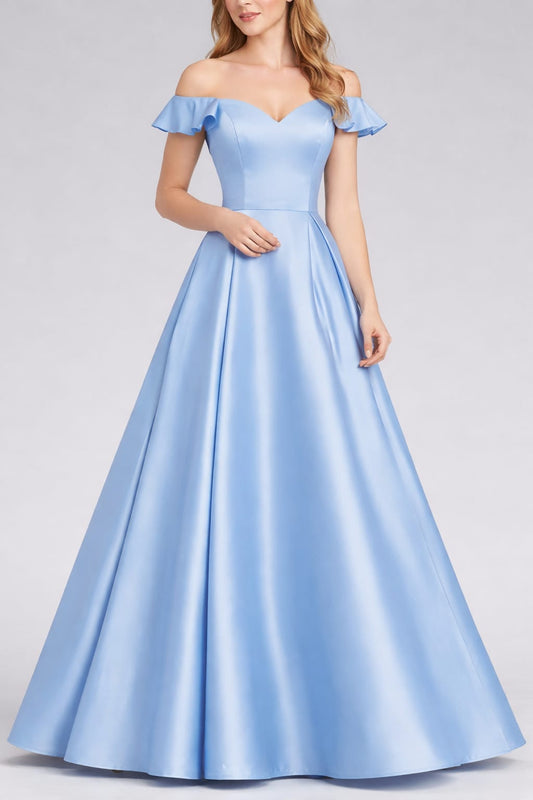 Sky Blue Satin Sweetheart Neck Ballgown with Flutter Sleeves (IWMS Exclusive)