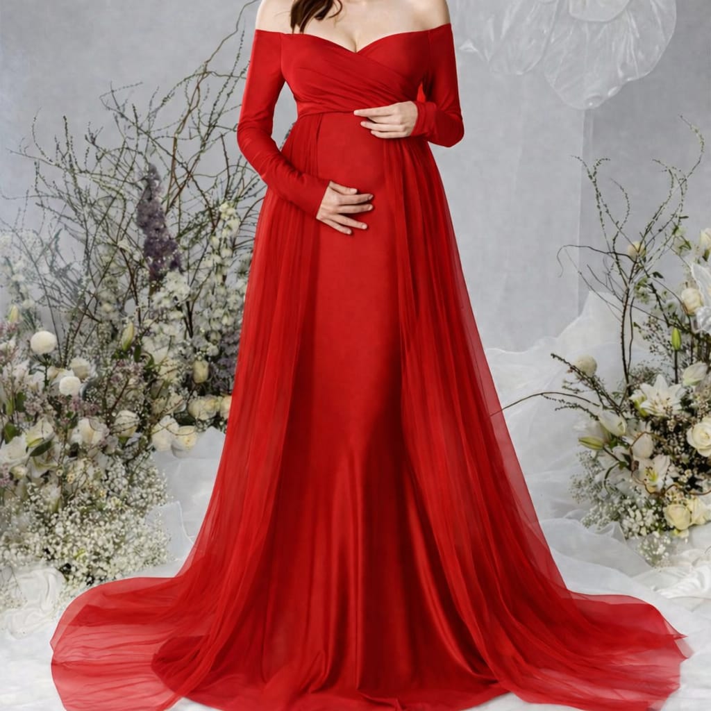Red Lycra and Soft Net Off Shoulder Maternity Dress