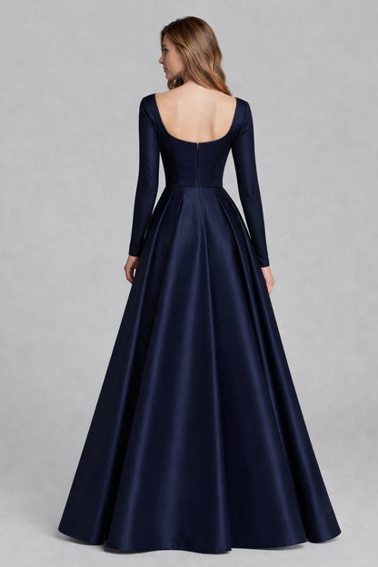 Navy Satin Full Sleeves Ball Gown Dress
