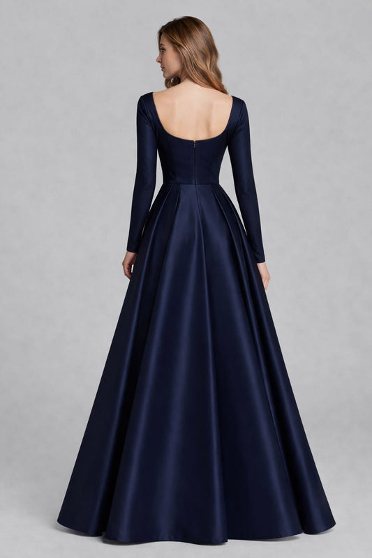 Navy Satin Full Sleeves Ball Gown Dress