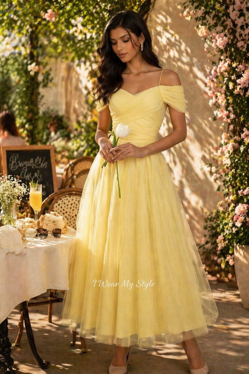 Sunny Sunday Brunch Yellow Cold Shoulder Net Midi Dress