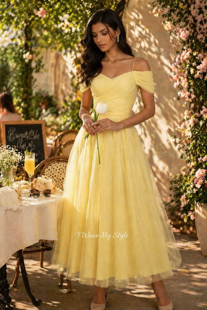 Sunny Sunday Brunch Yellow Cold Shoulder Net Midi Dress