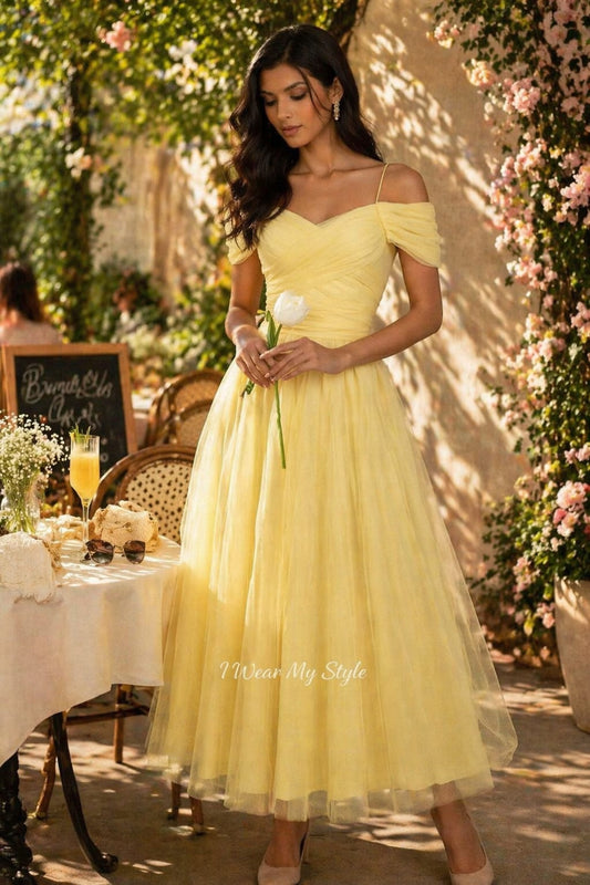 Sunny Sunday Brunch Yellow Cold Shoulder Net Midi Dress