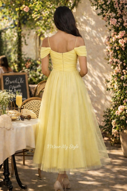 Sunny Sunday Brunch Yellow Cold Shoulder Net Midi Dress