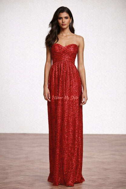 Red Sequins Sweetheart Neck Sequins Party Wear Maxi Dress
