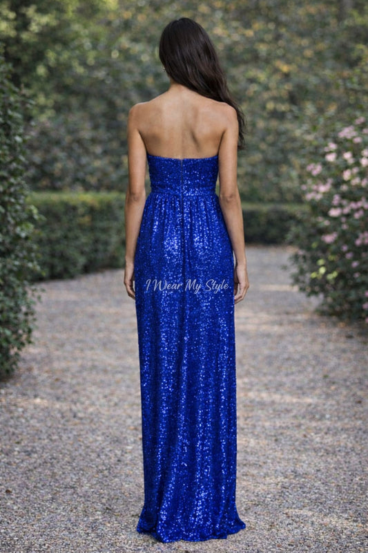 Royal Blue Sequins Sweetheart Neck Sequins Party Wear Maxi Dress