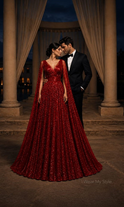 Red Glitter Cape Sleeve Stunning Pre wedding /Occasion Wear Dress