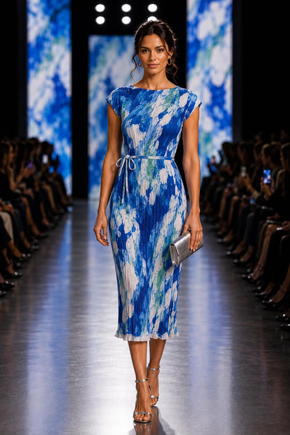 Azure Bloom Pleated Midi Dress