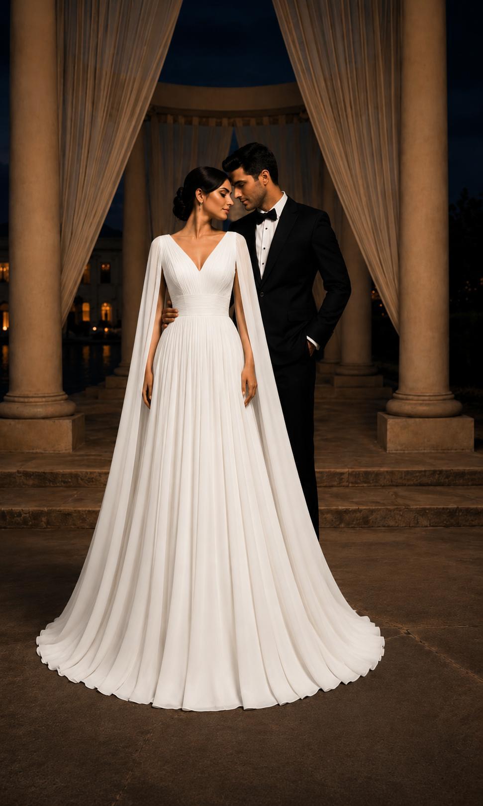 White V Neck Angel Cape Sleeves Prewedding Dress