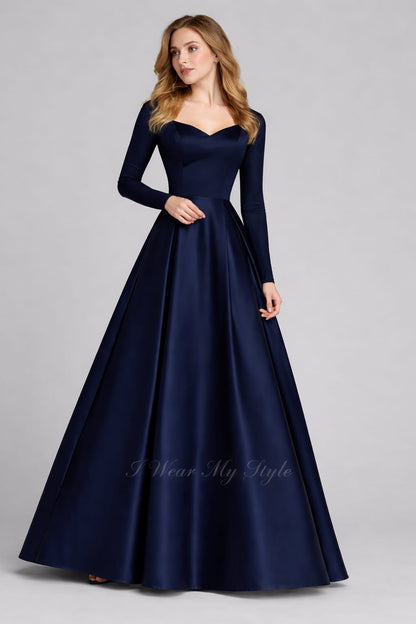 Navy Satin Full Sleeves Ball Gown Dress