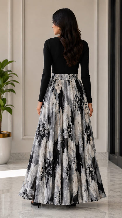Monochrome Bloom Pleated Maxi Skirt