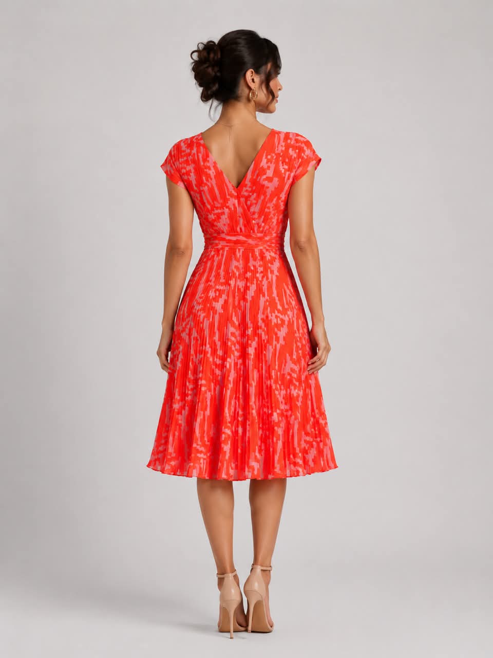 Coral Abstract Pleated Midi Dress