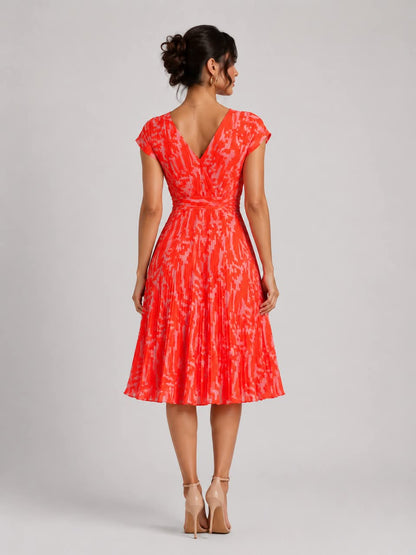 Coral Abstract Pleated Midi Dress