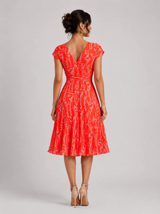 Coral Abstract Pleated Midi Dress