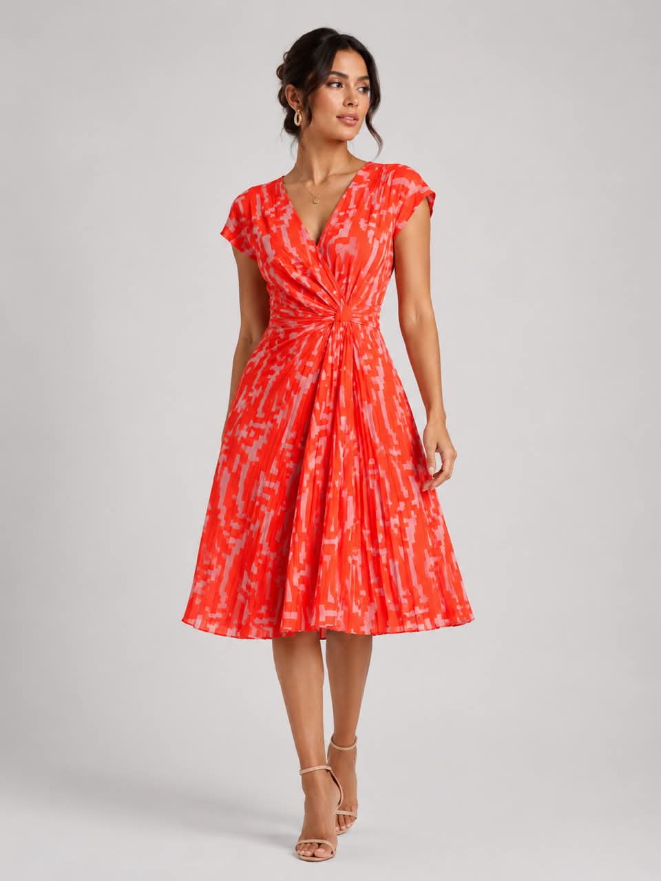 Coral Abstract Pleated Midi Dress