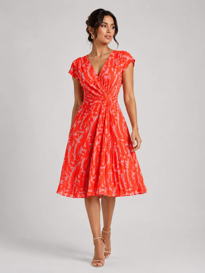 Coral Abstract Pleated Midi Dress