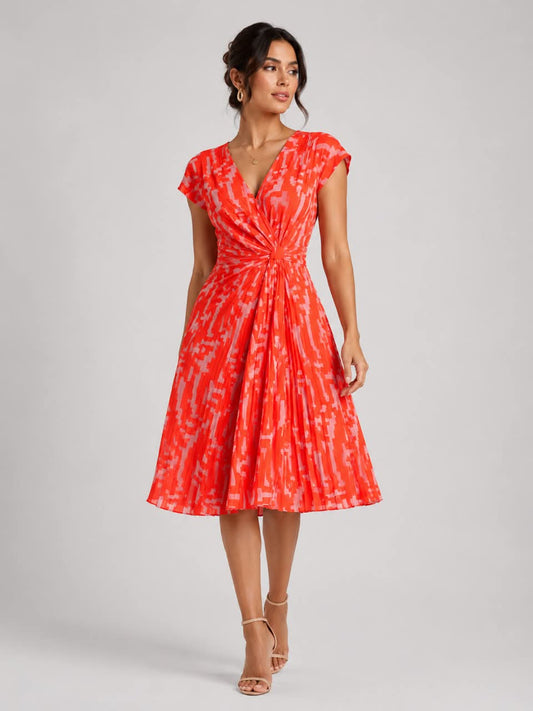 Coral Abstract Pleated Midi Dress